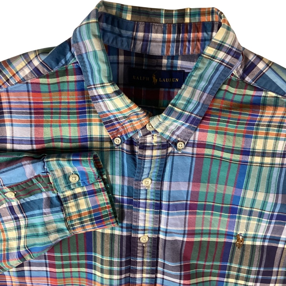 Ralph‎ Lauren Mens Plaid Button Down Shirt Blue Green Multicolor Long Sleeve XL